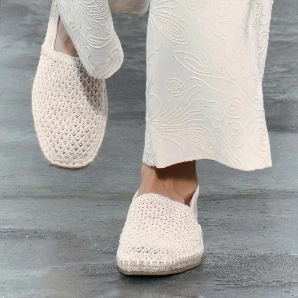 ZARA WOVEN CROCHET TEXTURED SLIP ON ESPADRILLE LOAFER FLATS Cream Ecru 41